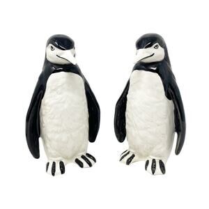 Vintage MANN Japan Weighted Penguin Ceramic Figurines Pair 6.75" Black White